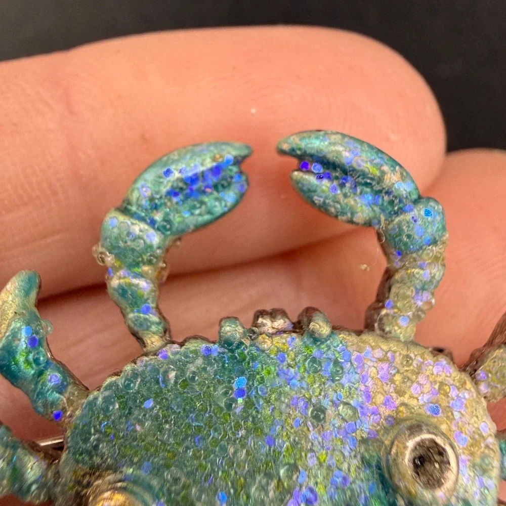 Vintage Yosca Crab Hair Clip Blue Enamel Rhinestone Animal Silver Tone
